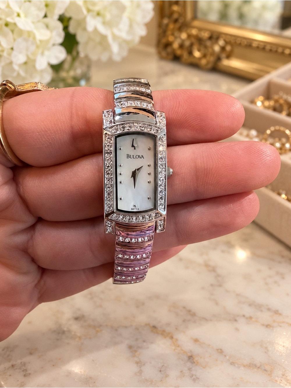Vintage Bulova Silver-Tone Crystal Bezel Rectangular Dress Watch